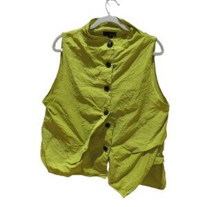 SUN KIM Crinkle Asymmetrical Button Vest Top in Chartreuse Lagenlook Art To Wear